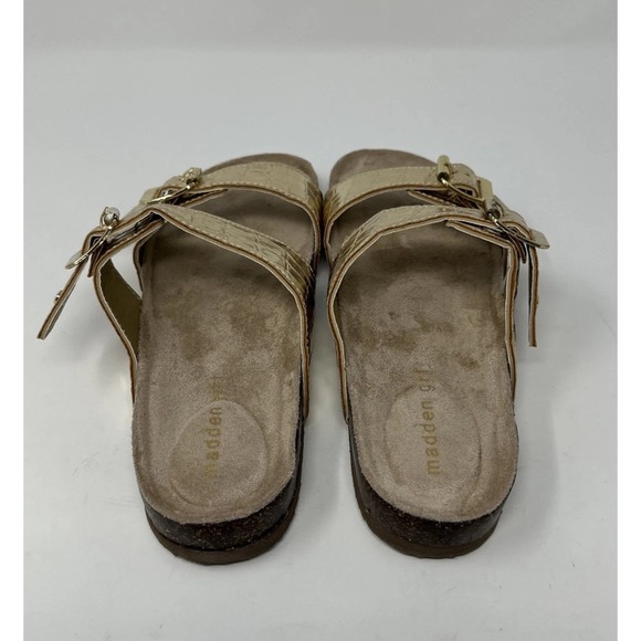 Madden Girl Sandals Women's 6 1/2 Brando Metallic Gold Buckle Slides Textured - Picture 3 of 6